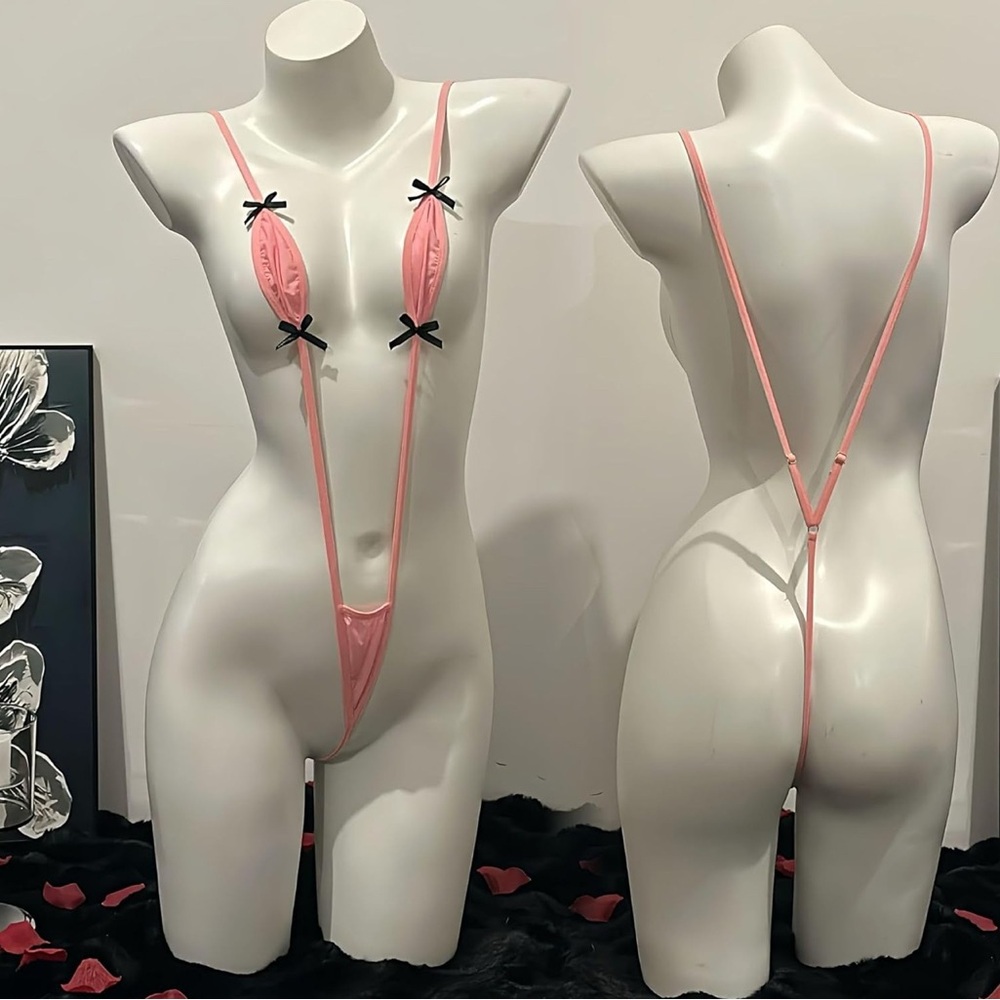 Pink Slingshot Micro G-String Thong Monokini Bikini Swimsuit with Black Bows